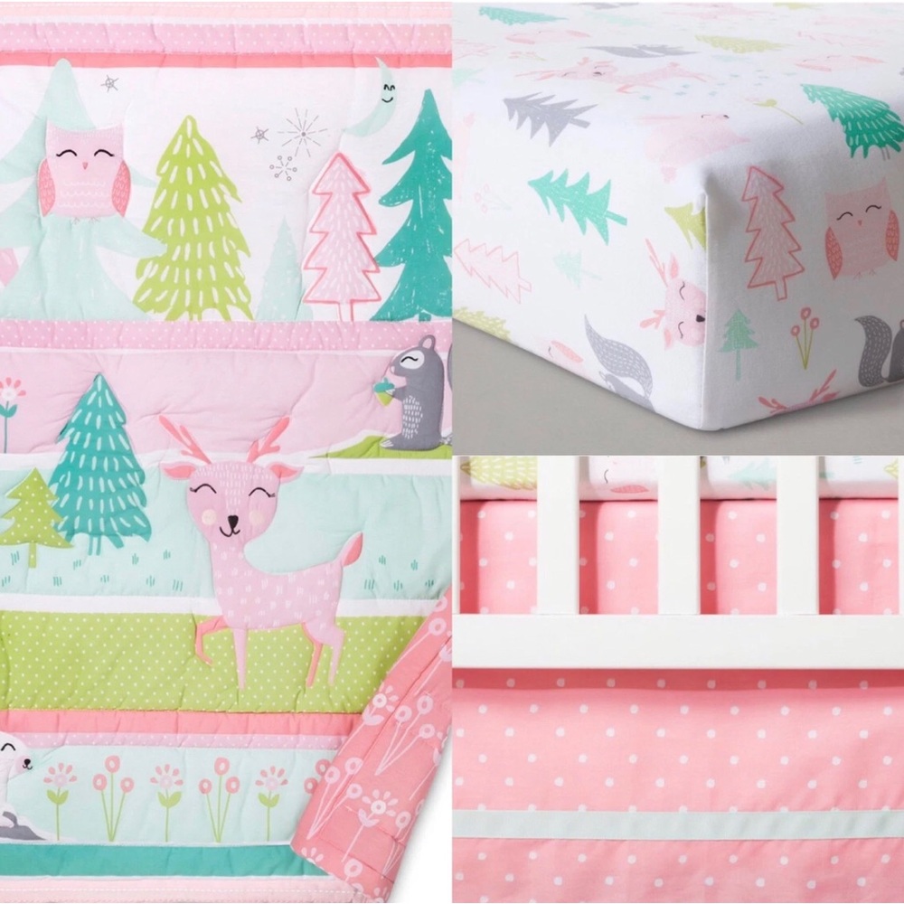 Cloud Island Pink Forest Frolic 4-Pc Crib Bedding Set -Whimsical Forest Animals